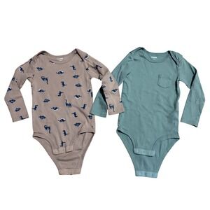 Pekkle Baby Long Sleeve Bodysuits 24M Dinosaur‎ Print Green Pocket 2pc Set